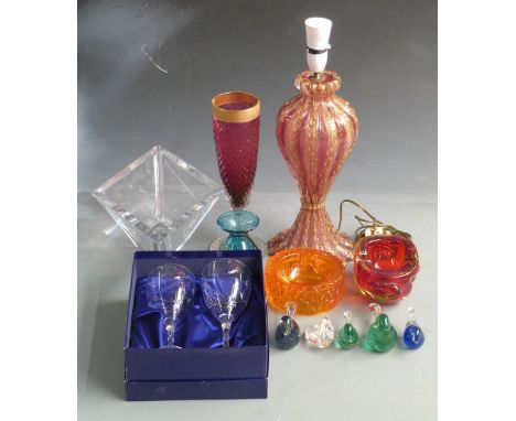 A collection of decorative glassware including a Murano lamp, signed clear glass lozenge shaped dish, Mdina vase, hobnail cut