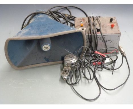 A vintage PA system including retro Reslo type VMC microphone, megaphone/horn speaker by Eagles Products and amplifier
