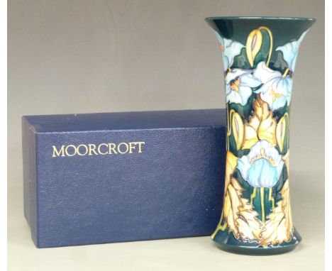 Moorcroft Collector's Club 2001 pedestal vase decorated in Blue Rhapsody (Meconopsis / Himalayan Poppy) pattern, designed and