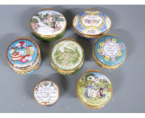 Seven Halcyon Days enamel boxes including Bermuda Heritage Series, Christmas 1995, Mother's Day 1982 etc