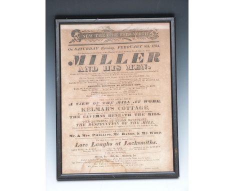 19thC Bridgnorth theatre flyer or poster dated 1834, 25 x 18.5cm, together with a 19thC portrait of a man smoking a clay pipe