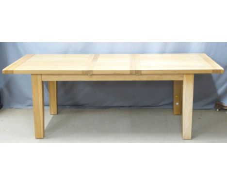 Contemporary light oak extendable dining table and eight faux leather chairs, L180 or 230 extended x D100 x H76cm