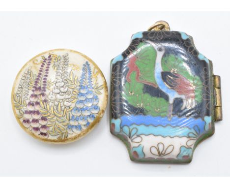 Japanese Satsuma ceramic button and a cloisonné locket depicting a stork&nbsp;
