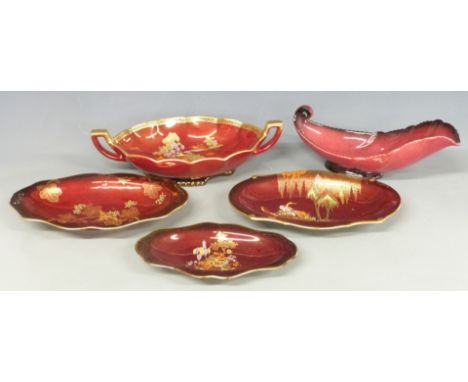 Carltonware, Crown Devon and similar lustre ware, largest H8 x L32cm