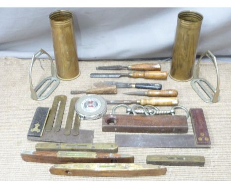 Vintage tools including brass inlaid woodcarving chisels, stirrups, bit, WW1 shell cases etc