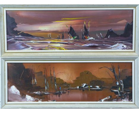 Pair of&nbsp;George R Deakins (1911-1982) acrylic on board maritime scenes, both signed and dated 72, 14 x 45cm&nbsp;