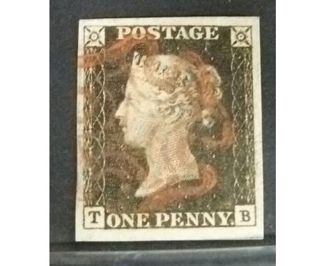 An 1840 1d black TB 4 wide margins, light red Maltese Cross cancellation