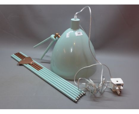 A 20th century aqua blue and copper tripod floor lamp with LED Edison bulb