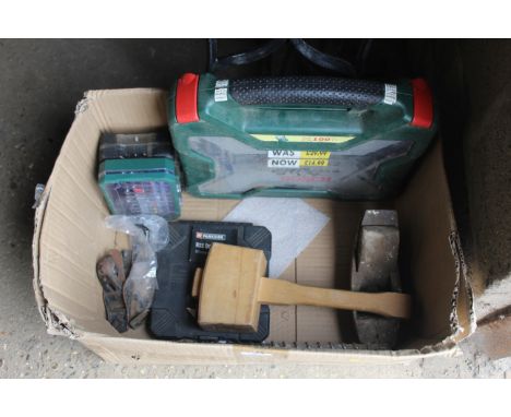 A box containing various tools to include a part Bosch drill bit set, Parkside screwdriver bits, small metal smoothing plane,