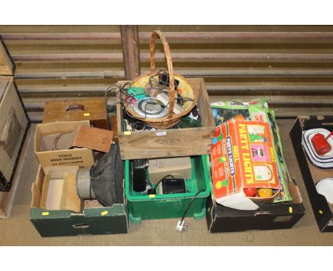 Two boxes containing various electrical fittings, radios, CD players, vintage speaker comb, microphone, set, electrical meter