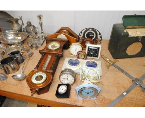 A collection of various mantel clocks, alarm clocks, clock barometer set, mahogany cased clock barometer etc