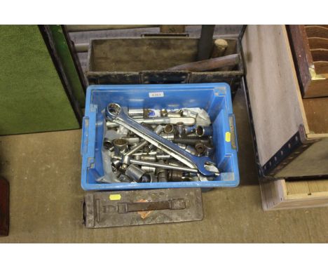 A box containing various copper headed and other hammers, a box containing various sockets to include Britool, an ammunition 