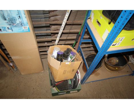 A quantity of various tennis racquets, an ice hockey stick, Barnett 'Sherwood Forester' archery bow and a quantity of tennis 