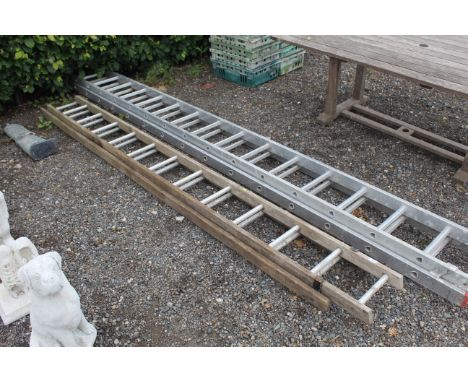 A wooden and aluminium extending ladder