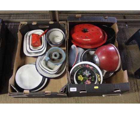 Two boxes containing kitchenalia including enamel bowls, enamel cooking dishes, roasting dish, kettle etc.