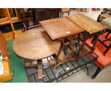 An oak tripod occasional table; an oak joint style stool and a mahogany lyre end coffee table 
