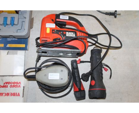 A Black & Decker KS656PE electric jigsaw, an electric hand sander and two battery torches
