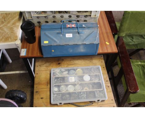 A metal toolbox and contents of tools to include screwdrivers, hand brace, pliers etc. and a sorted case of various screws, f