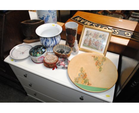 An enamel baluster jardinière; an antique pottery platter; a wooden holder; a quantity of marbles, jelly moulds etc. 