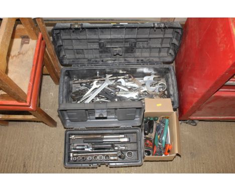 Two plastic tool boxes and contents of tools to include adjustable spanners, ring spanners, sockets, a Stanley smoothing plan