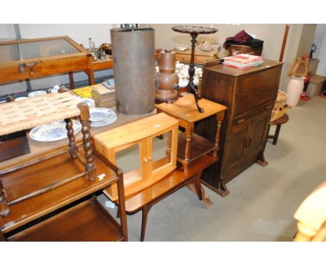 A mahogany tripod wine table, an oak two tier occasional table, a pine bathroom cabinet and a coffee table