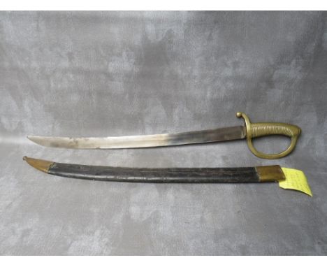 A CONTINENTAL&nbsp;BRIQUET SHORT SWORD WITH CURVED BLADE, brass ribbed grip, with stirrup knuckle bow, in brass mounted leath