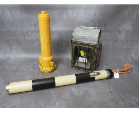 A MILITARY TRAFFIC POLICE LIGHT UP BATON, GPO 1939 dated lamp and a vintage miners / fire service torch (3)
