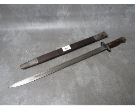 A BRITISH 1907 PATTERN BAYONET, with issue mark 3 18, with plain wooden grip, makers mark for Wilkinson, in scabbard