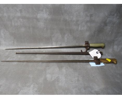 A FRENCH LABLE BAYONET, cruciform blade and brass hilt in steel scabbard, circa. 1880, along with another similar, but lackin