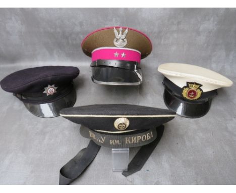 FOUR ASSORTED CAPS, Merchant Navy, Fire Brigade, (badges Hereford &amp; Worcester), Polish Army officer and Soviet Navy (4)