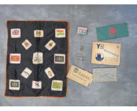 A SMALL BOX OF MILITARY AND HOME FRONT COLLECTABLES, to include a copy Women's Land Army armband, various badges and WW1 post