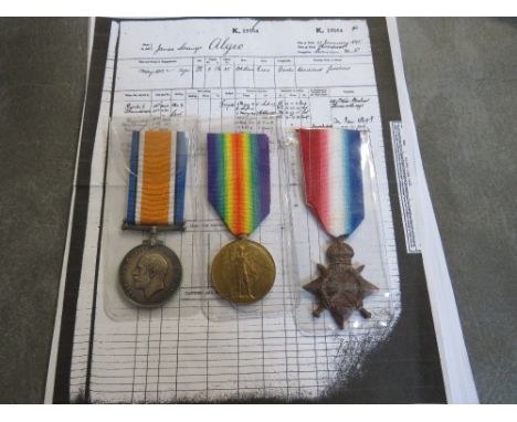 A WWI, 1914/1915 STAR MEDAL TIO, named to K 19164 JS. Algeo Stu. I. RN, along with a quantity of research papers