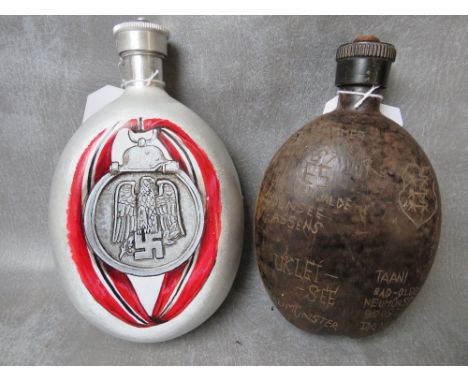 A WW2 GERMAN OAK WATER BOTTLE DATED 1942, hand carved decoration i German / Danish, along with a hand painted water bottle, d