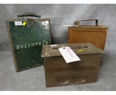 A 1938 DATED WD PETROL CAN, 1986 H83 Mk 2 ammunition carry tin and a green painted bills ticket machine tin marked Wolverhamp