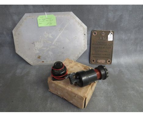 AN UNUSED IN BOX AIR MINISTRY COCKPIT LAMP, an Air Ministry brass contract plate dated 1941 and a trench art type picture of 