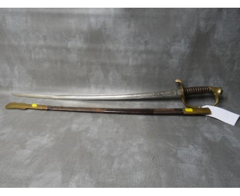 U.S. MARINE CORPS DRESS SWORD, by N.S. Meyer, etched blade, with brass hilt guard, in leather and brass scabbard, L 88 cm