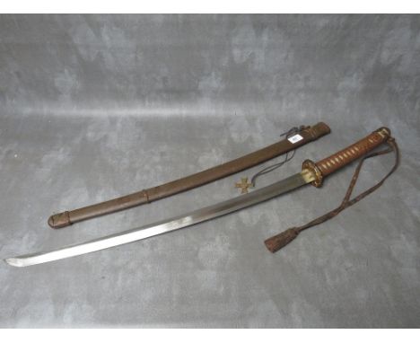 A WW2 JAPANESE KATANA (SWORD), with leather, brass and copper fittings and tsuba, in steel scabbard, leather sword knot, boun