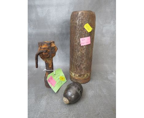 AN INERT WW1 GERMAN EGG GRENADE, inert relic German V.98 grenade launcher and an inert relic shell / projectile with timing b