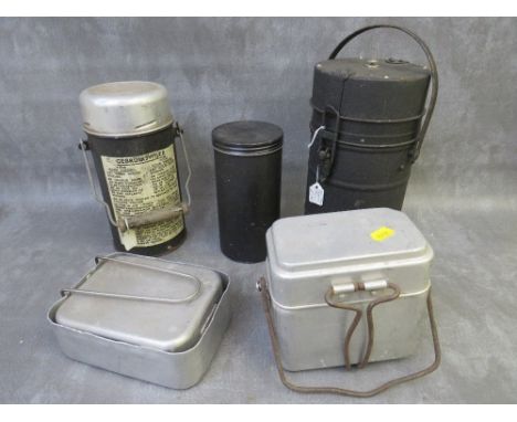 A WW2 DUTCH / FRANCE BOMBER AIR CREW FLASK, a military thermos and three other cans / tins