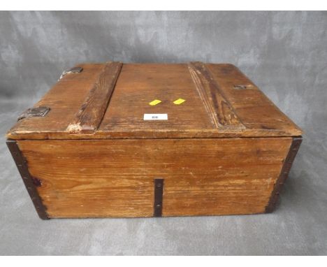 A WW2 GERMAN WOODEN GRENADE BOX, of plank construction, with leather hinges, dated 1940, 46 x 35.5 x 20 cm