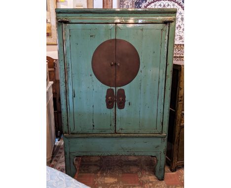 BLUE CHINESE MARRIAGE CABINET, 108cm W x 177cm H x 55cm D, lacquer with two doors enclosing a shelf and two drawers. 