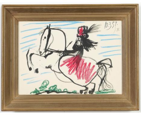 PABLO PICASSO, Woman with pink hat on horseback, off set lithograph, dated in the plate, suite Toros, French vintage frame, 4