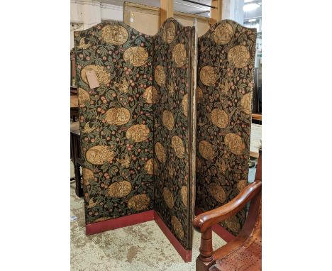 SCREEN, four fold, 175cm x 60cm each panel, vintage 20th century upholstered in a patterned fabric, hessian back, studded det