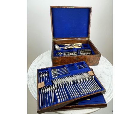 CANTEEN OF CUTLERY, filled mainly with William Hutton and Sons silver plate in an Army and Navy oak three tier box, 45cm L x 