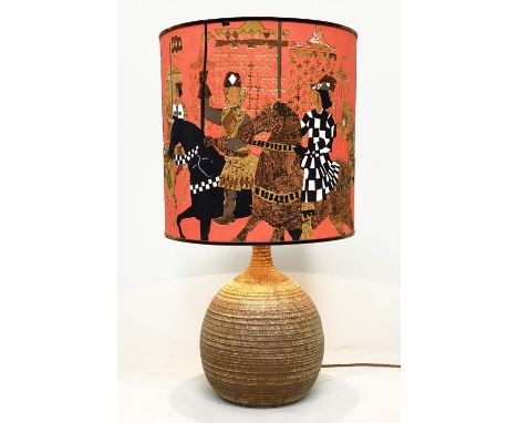 TABLE LAMP, Studio Pottery thrown glazed earthenware with drum crusade knights shade, 76cm H. 