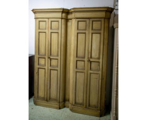 WARDROBE, 229cm H x 186cm W x 52cm D, late Victorian grey painted and parcel gilt of four doors enclosing hanging space and f