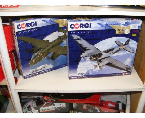 A pair of Corgi Aviation Archive die cast model planes, including Heinkel HE111 H-5 and North American B-25B Mitchell 