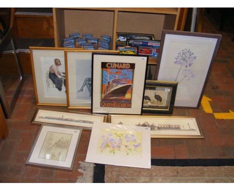 Assorted furnishing pictures, including a stylish print of Cunard's Queen Elizabeth 
