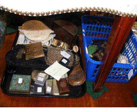 Assorted collectables, including chain mail purse, nutcracker 'dog', postcards, lighters, etc. 