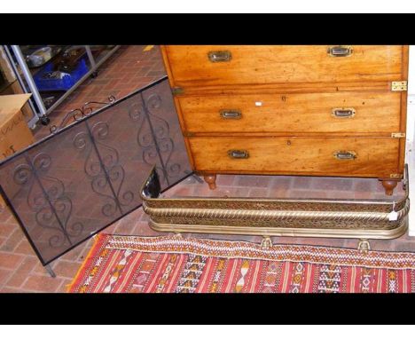 A brass fireguard - width 120cms, various brass fire tools and a mesh fireguard